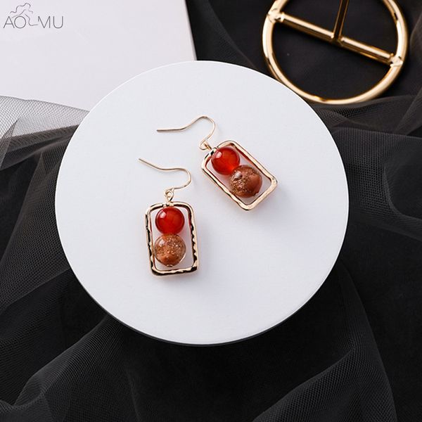 

aomu new simple fashion vintage red beads geometric round gold foil metal drop earrings for women girl party jewelry, Silver