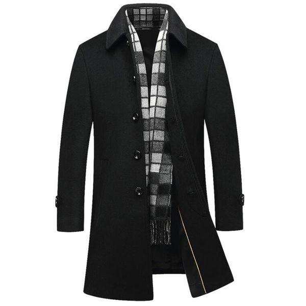 

brand long wool coat men fashion pea coat jacket wool blends slim cotton winter jackets mens woolen overcoat abrigo hombre, Black
