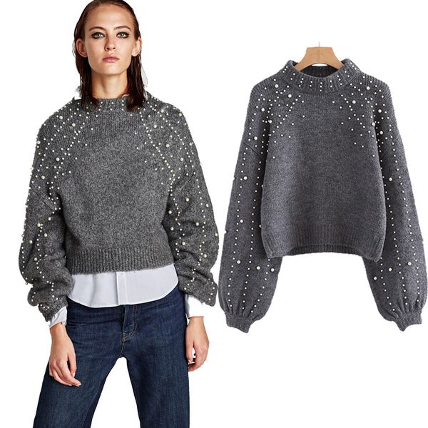 Acheter Pulls à Col Roulé Dhiver Perle Perle Chandail Chaude Lanterne Manches Femme Pullover Femme Lâche Gris Pull Pull Tricoté De 3825 Du Sideceam