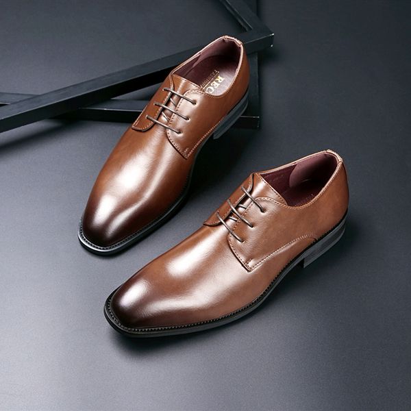 

polished leather shoes businessman dress shoes cow leather man wedding shoes plain toes simple design lace up flats for men 633, Black