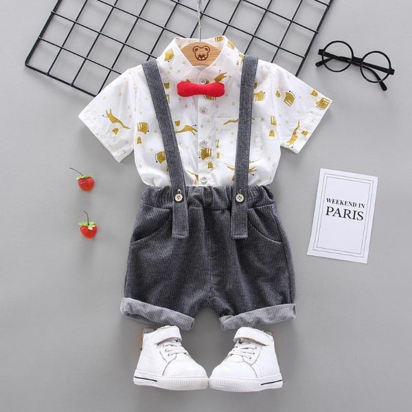 

1-4years infant baby summer boys outfits cartoon t-shirt +strap pants suspender outfits set kids boys clothes #y5, White