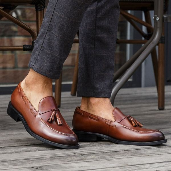 

stylish round toe slip on tassels man casual shoes genuine leather handmade formal loafers comfortable men's office flats nhs149, Black