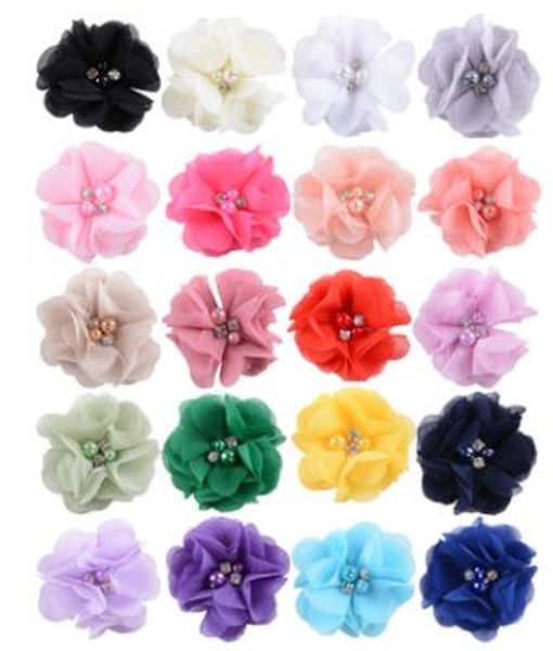 

18pcs pearl rhinestone chiffon flowers hair accessories diy flower bouquet flowers decorations no hair clips for headband, Slivery;white