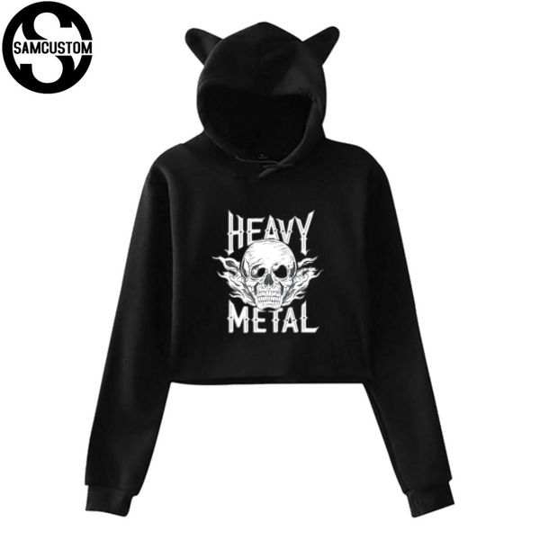 

samcustom heavy metal skull 3d print women's cat ear midriff long sleeve hoodie girl leisure sweatshirt hooded pullover, Black