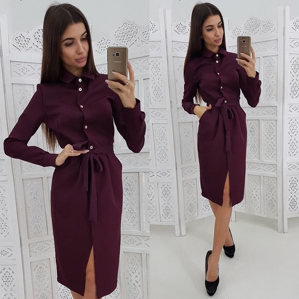 

women sashes straight party dress long sleeve turn down collar split elegant dress 2020 button midi vintage pockets, Black;gray