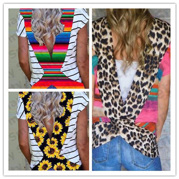 

summer women t shirt floral sunflowers striped backless short sleeve t-shirt casual crew neck tee cross belt beach cover up s-3xl e31204, White