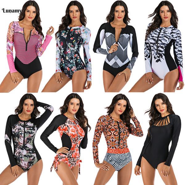 

lunamy colorful long sleeve one piece swimsuit women swimwear surf suit bodysuits beachwear with zipper bathing suit female, White;black