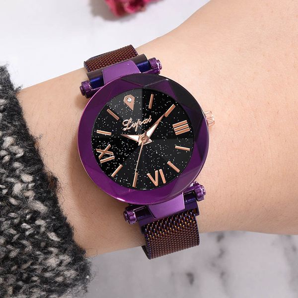 

women alloy mesh strap quartz watch star sky dial magnetic buckle wristwatch fs99, Slivery;brown