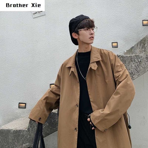 

autumn windbreaker men fashion solid color casual long coat man streetwear simple wild loose long jacket male overcoat -xl, Tan;black