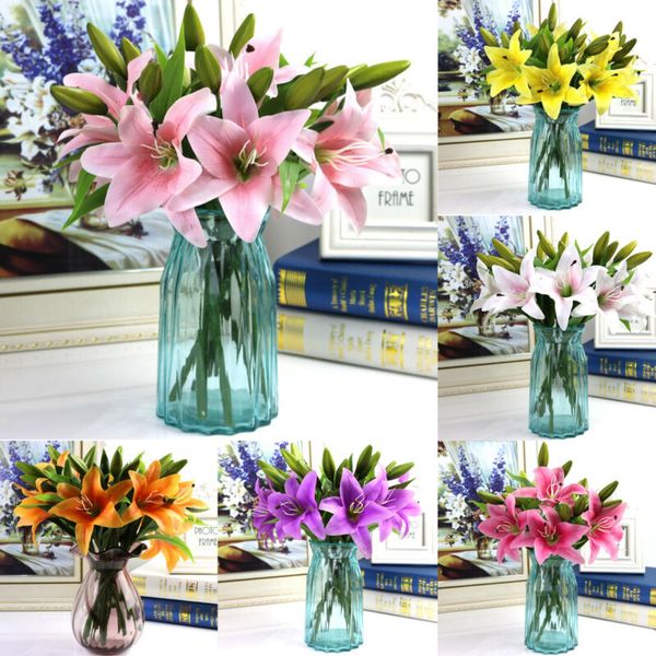 

3 heads artificial silk real touch lily fake flower wedding home festival decor bridal bouquet wedding party home elegant decor