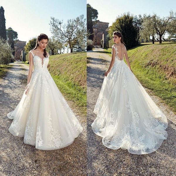 

2019 country wedding dresses sheer neck summer bohemian lace appliques backless with buttons boho bridal gowns custom made, White