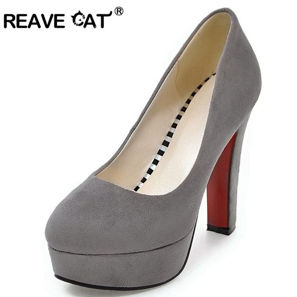 

reave cat ladies women high heels pumps platform flock round toe thick heels plus size 32-43 black red grey dress shoes 12cm t200525