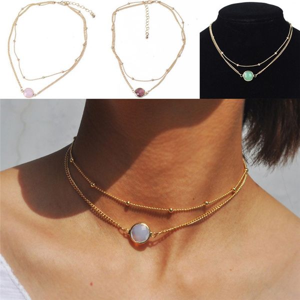 

gold color opal stone pendant necklace for women jewelry delicate natural crystal 2 layer choker necklace, Silver