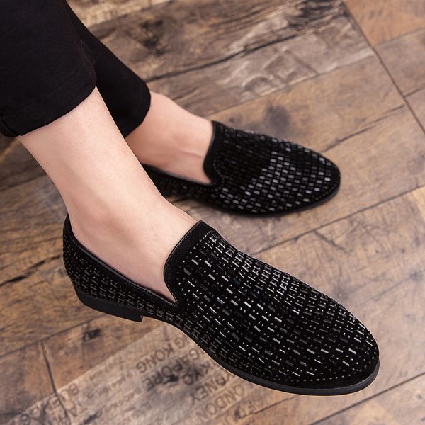 

men's rhinestones dress shoes 2019 luxury italian style fashion men formal shoes nightclub wedding dress formal loafers, Black
