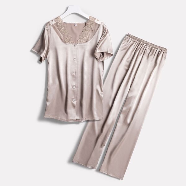 

2019 sleep lounge women pajamas set with pants satin sleepwear ladies silk pyjama femme fashion lace lace nightwear, Black;red