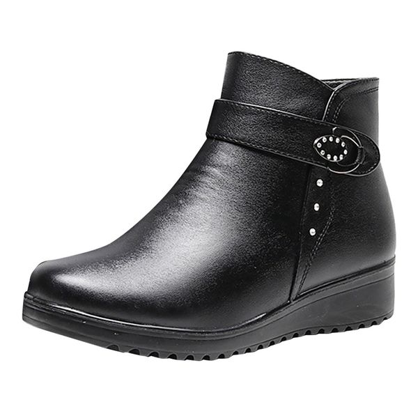 

women short booties ladies fashion leather wedge cotton short boots thickening warm snow shoes feminina zapatos de mujer, Black