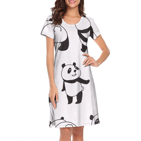 

nighties for women big white panda bear printing custom short sleeve nightdress cute pandas with red heart in blue pink giant head cute, Black;red