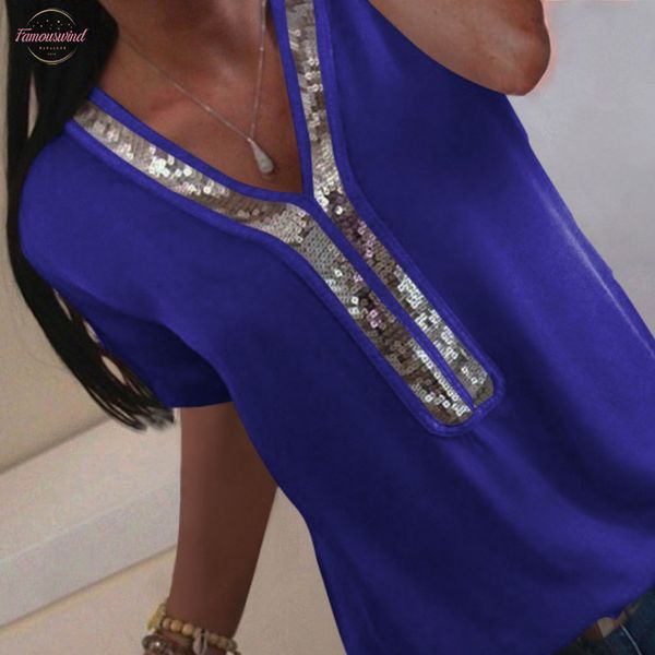 

women v neck sequins chiffon blouse shirt solid spring summer elegant v neck casual short sleeve tee solid loose, White