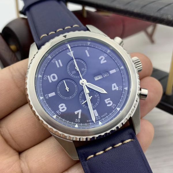 

авиатор 8 b01 кварцевый хронограф мужские часы 46mm серебристый корпус синий циферблат luminous наручные часы с секундной руки и малый цифер, Slivery;brown