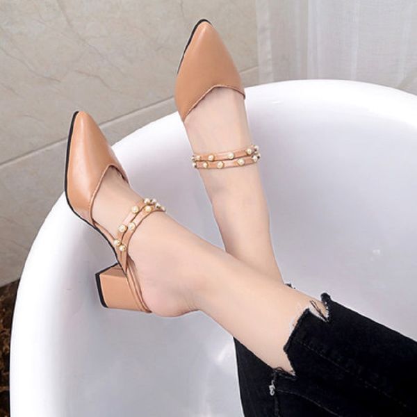 

2019 new two-wear pearl fashion slippers and a half-slipper wearing a thick heel with high-heeled slippers, Black