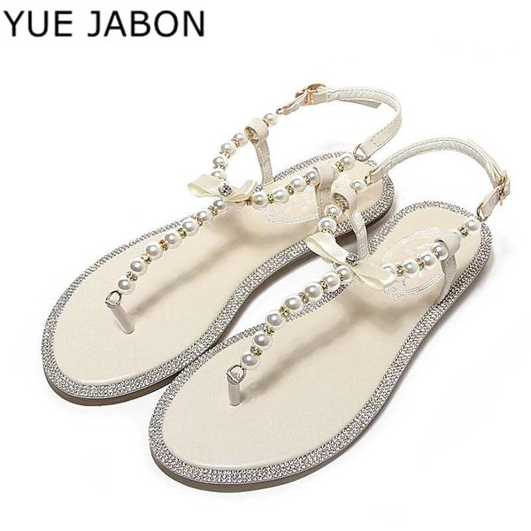 

women summer sandals 2020 new black shoes flat pearl sandals comfortable string bead beach slippers casual pink white