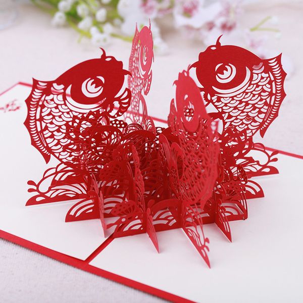 

15x15cm new year spring festival red auspicious greeting card fish up openwork chinese characters gratitude gift 3d pig