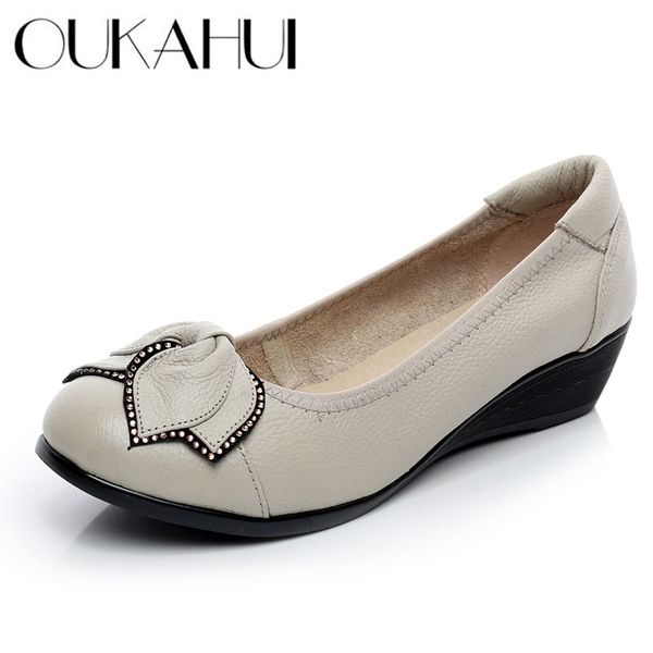 

oukahui spring/autumn plus size genuine leather flats mujer shoes women flat wedges heel shallow crystal casual shoes women 2018, Black