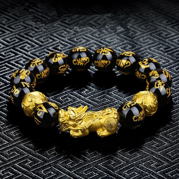 

gold color brave troops stone beads bangles bracelet 6 words chinese lucky enegry god beast pixiu bracelet dropship jewelry gift, Black