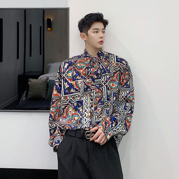 

men vintage print casual long sleeve shirts bow tie ribbon japan korea style male streetwear fashion show dress shirts, White;black