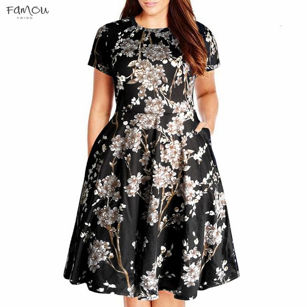 

Women Short Sleeve O-Neck Short Sleeve 50S Party Casual A-Line Dress Vintage Print Midi Plus Size 8Xl 9Xl Swing Dress With Pockets
