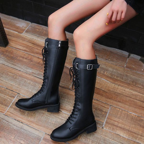 

women winter warm below-knee-length boots cool punk buckle zipper classic boots botines mujer 2019 invierno plataforma#n4, Black