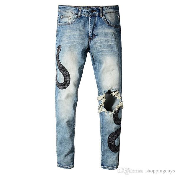 

мужские джинсы дизайнер ripped man hip hop jeans тонкого джинсовый прямых брюки велосипедист марк ami мотоцикл змейка вышивка джинсы, Blue