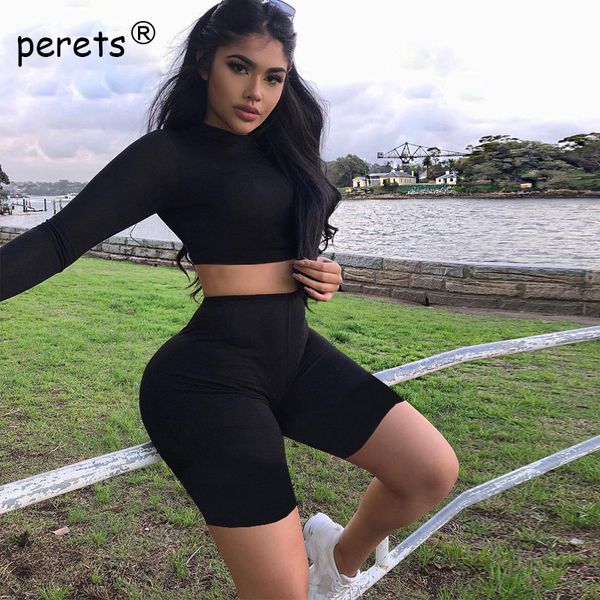 

2 pieces set high neck long sleeve elastic crop and shorts 2018 autumn winter trendy women fashion casual sets tracksuits, White