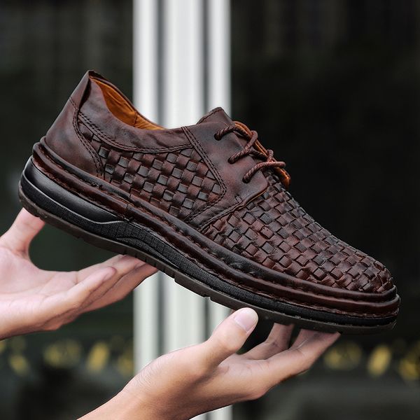 

brand weaving sneakers outdoor breathable shoes slip on flat shoes male footwear men quality leather men driving, Black