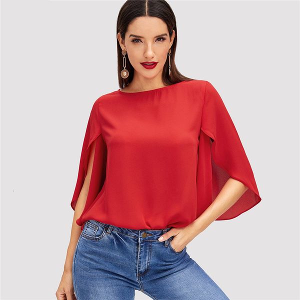 

blouse woman women clothes red elegant office lady butterfly sleeve split trim o neck solid blouse autumn modern lady ruched and blouses, White