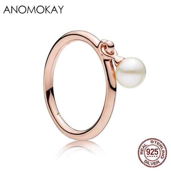 

anomokay simple series rose gold color finger rings for women girl authentic 925 stelring silver simulation pearl ring gift 2019, Slivery;golden