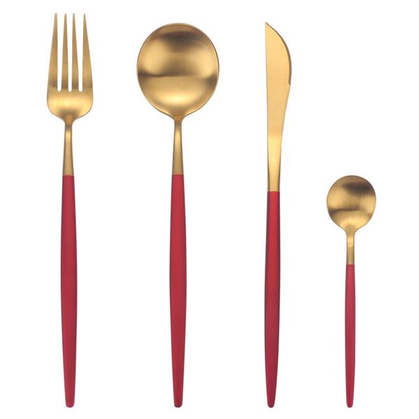 

4pcs/set luxury stainless steel tableware kids cutlery nordic vintage red gold steak knife fork spoon dessert spoons dinner set