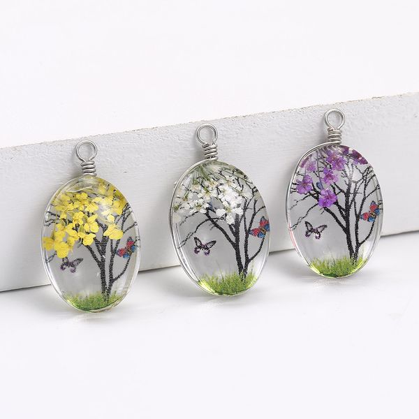 

fashion design time gems dried flower pendant for necklaces earring glass oval forever flower life tree terrarium charm diy jewelry making, Bronze;silver