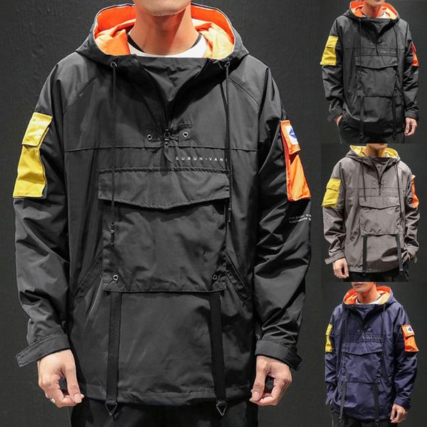 

running jackets 2021 men's autumn casual fashion patchwork pullover hoodie pocket sport outwear coat, Black;red