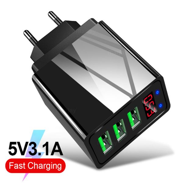 

travel wall charger 3 usb port eu us plug adapter 3.1a smart digital display fast charging head for iphone x for samsung