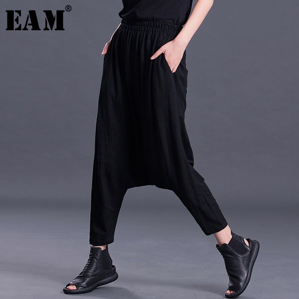 

eam] 2020 new spring autumn high elastic waist loose black leisure harem pants women trousers fashion tide all-match js498, Black;white