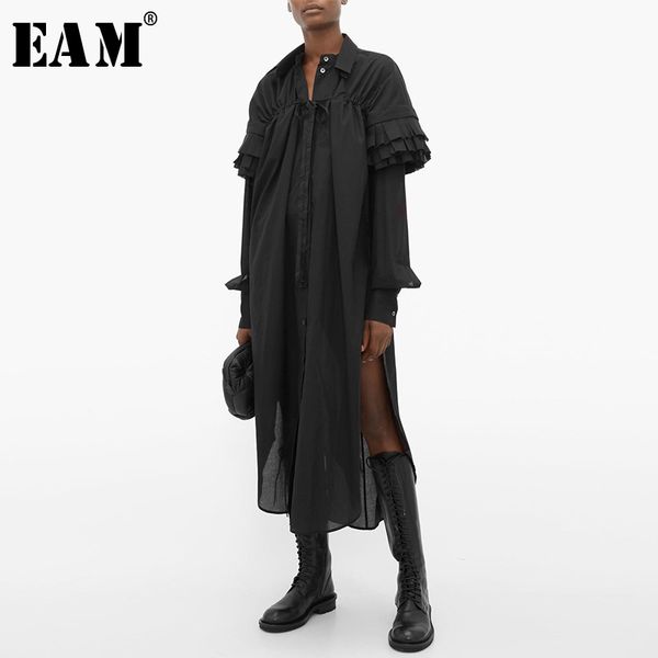 

eam] women black pleated asymmetrical big size shirt dress new lapel long sleeve loose fit fashion spring autumn 2020 1s396, Black;gray