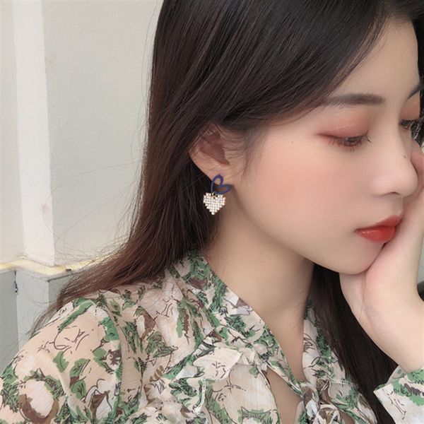 

cute earrings blue heart cutout crystal rhinestones drop earrings for girl women korea fashion jewelry accessories, Silver