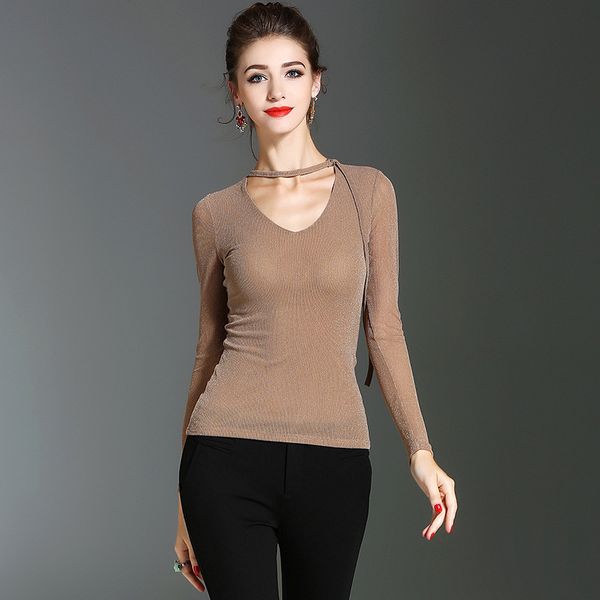 

ribbon v-neck mesh slim and bright silk base blouse women's large 2020 european and american women's new style in spring and summe, White