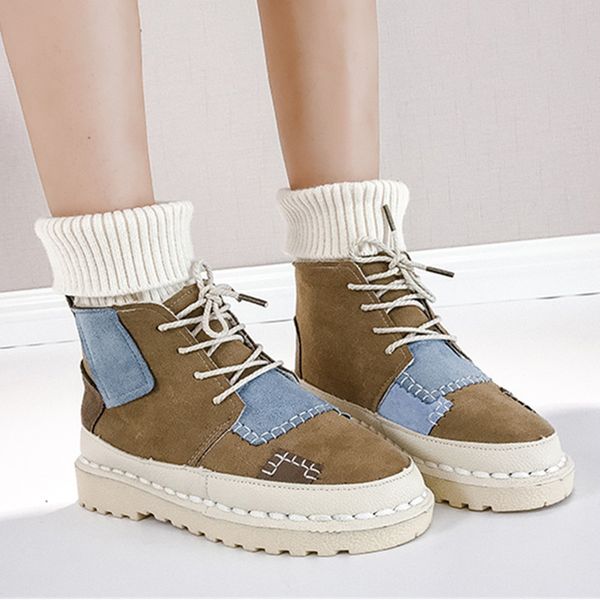 

winter boots women canvas faux suede ankle boots mix color high warm fashion sneakers round toe lace-up student flat, Black