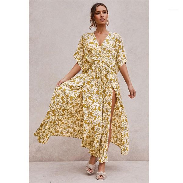 

fashion bohemian style short sleeve dresses v-neck split dress females clothing womens floral printed dresses, Black;gray
