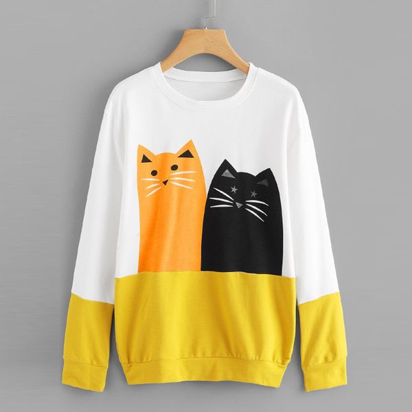 

womens sweatshirt pullovers kawaii cat printing round neck long sleeve autumn spring jumper casual blouse sweatshirt sudadera mu, Black