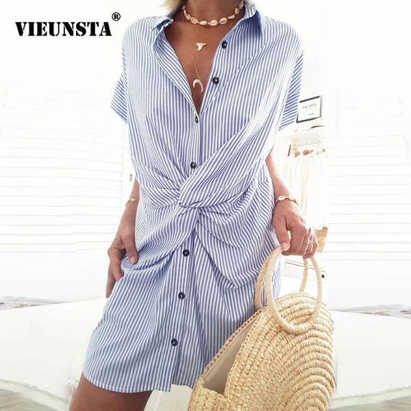 

summer stripe print button shirt dress women 2020 spring turn-down collar vintage party dress twist short sleeve, Black;gray