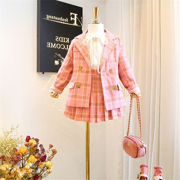

2019 fashion new girl baby classic plaid clothing set jacket+pleated skirt,girls kids princess suits child outfit, White