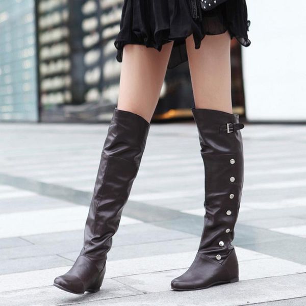 

2019 autumn and winter new fashion belt buckle flat long tube knees female knight boots high boots #g3, Black
